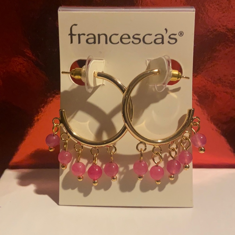 Francescas gold semi hoop earring with pink dangle beads